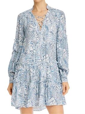 Parker Women's Silk Floral-Print Lace-Up Tiered Mini Dress Long Sleeve